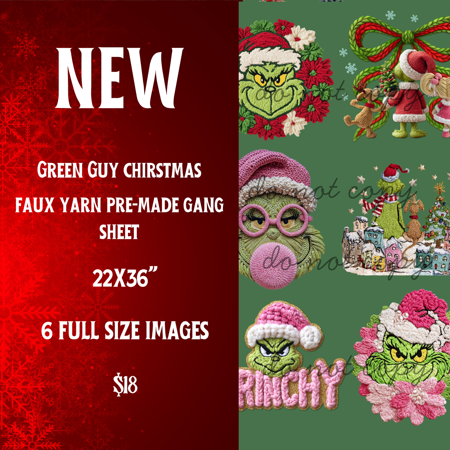Green Guy Faux Yarn Christmas Pre-Made Gang Sheet