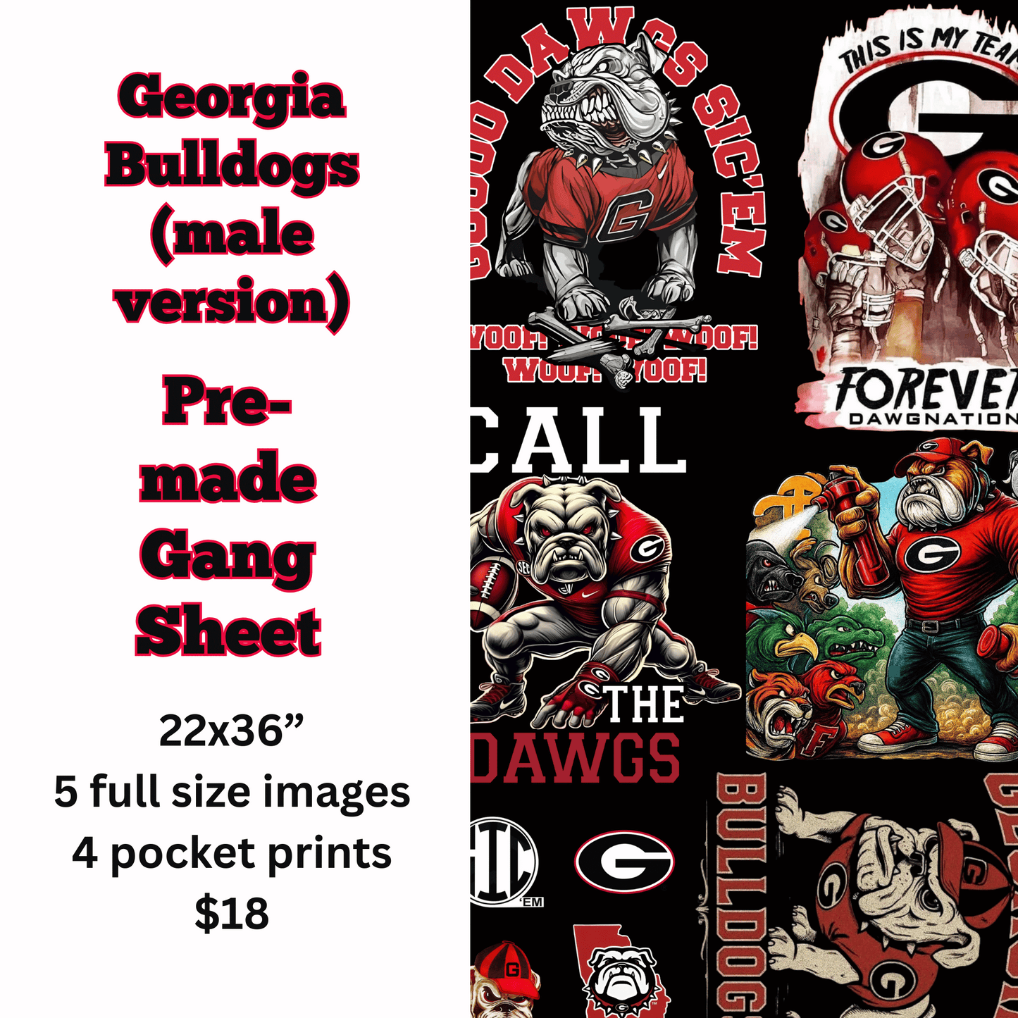 Georgia Bulldogs (Male Version) Pre-Made Gang Sheet