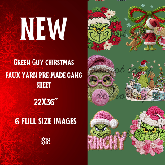 Green Guy Faux Yarn Christmas Pre-Made Gang Sheet