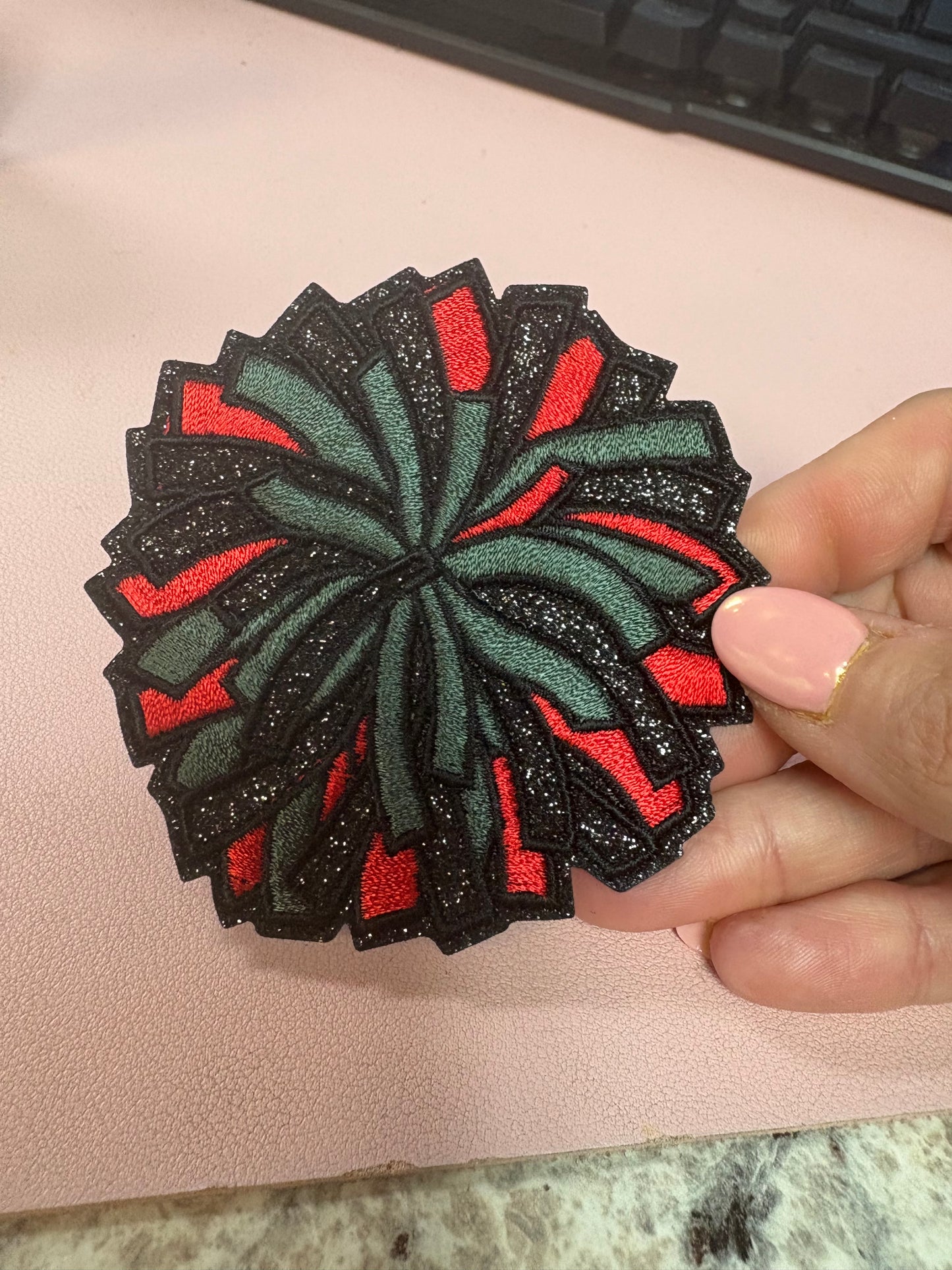 Red & black glitter Pom Pom hat patch