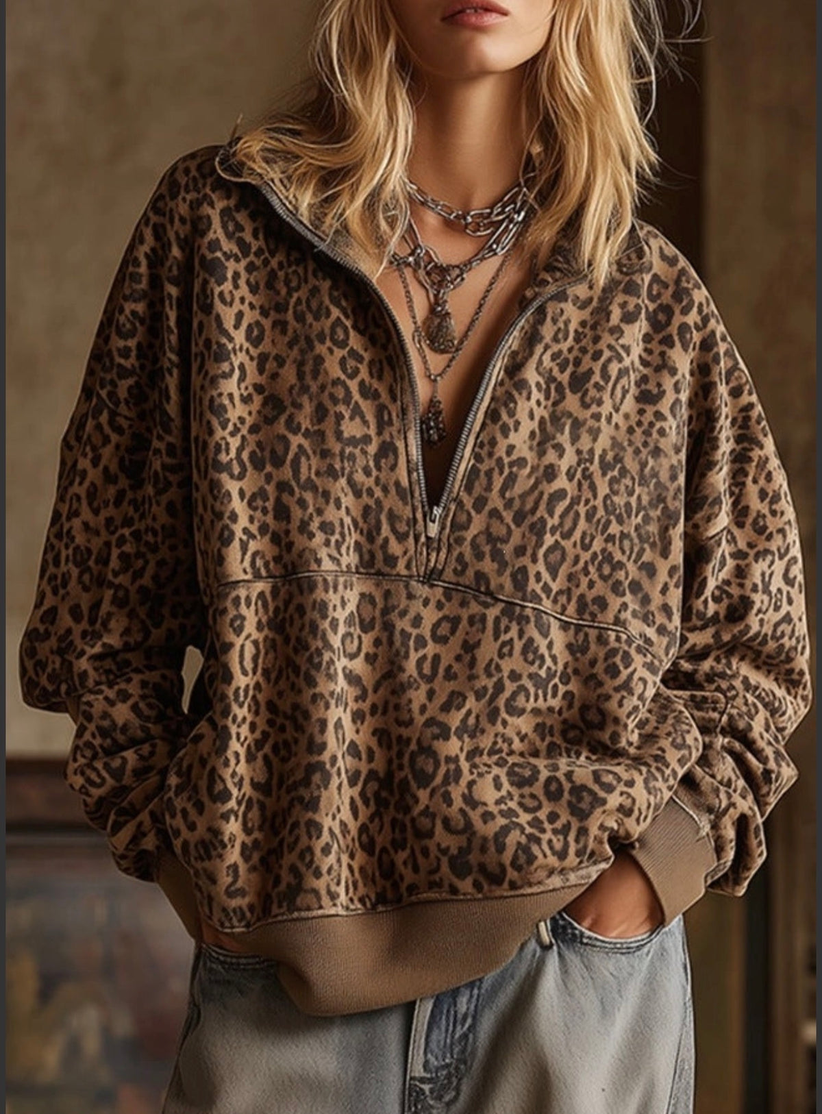 Leopard Print Half Zip Oversized Pullover Sweatshirt- PREORDER