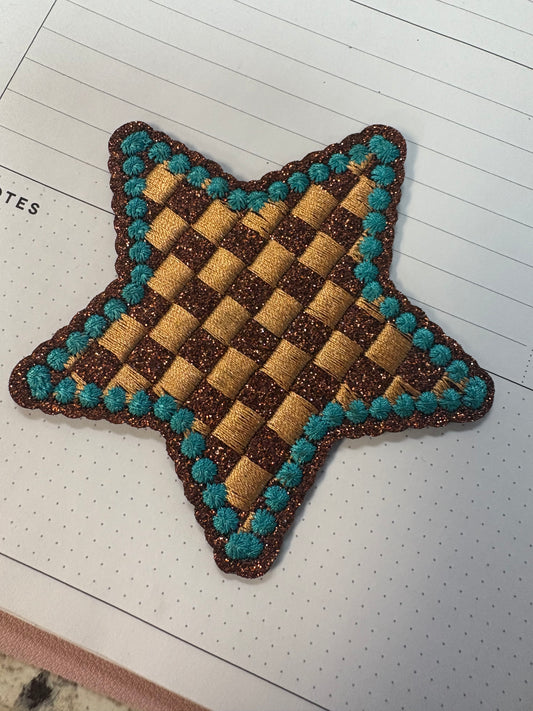 Brown and Turquoise Checkered Star Hat Patch