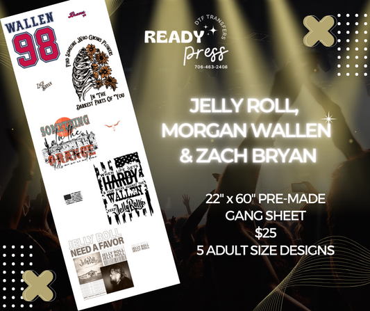 Morgan Wallen, Jelly Roll, & Zach Bryan Pre-Made Gang Sheet